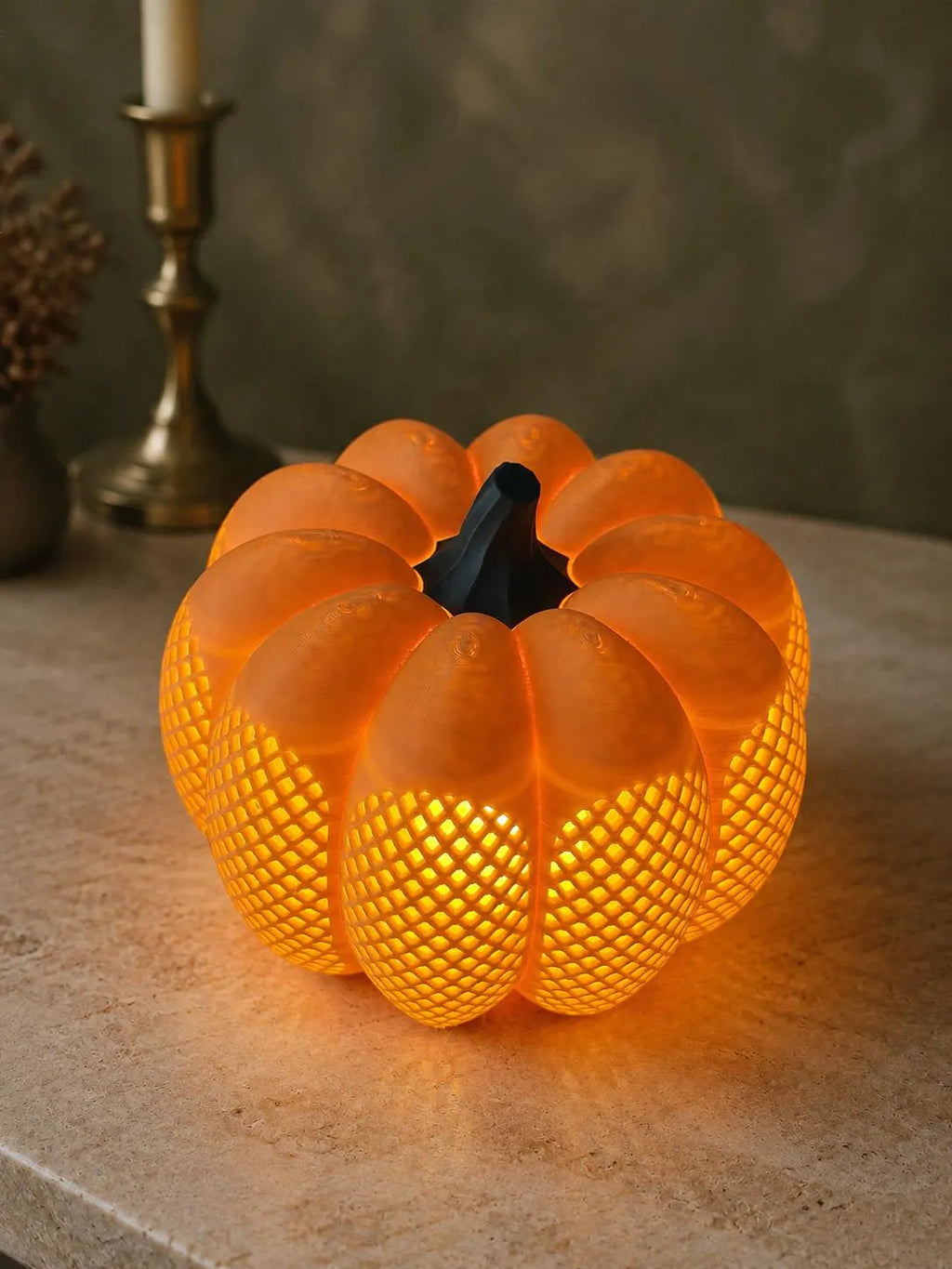 Orange Lattice Pumpkin Lantern, 3D Printed LED Tea Light Holder, Fall and Halloween Decor