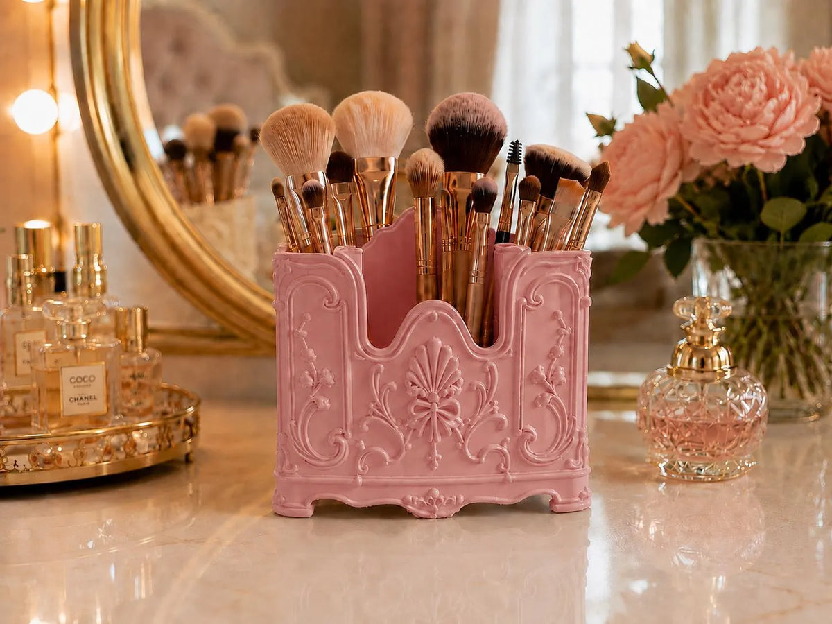 Pink Makeup Brush Holder, Vanity Organizer, Pink Rococo Makeup Brush Storage, French Vintage Vanity Decor, Beauty Desk Organizer, Room Decor