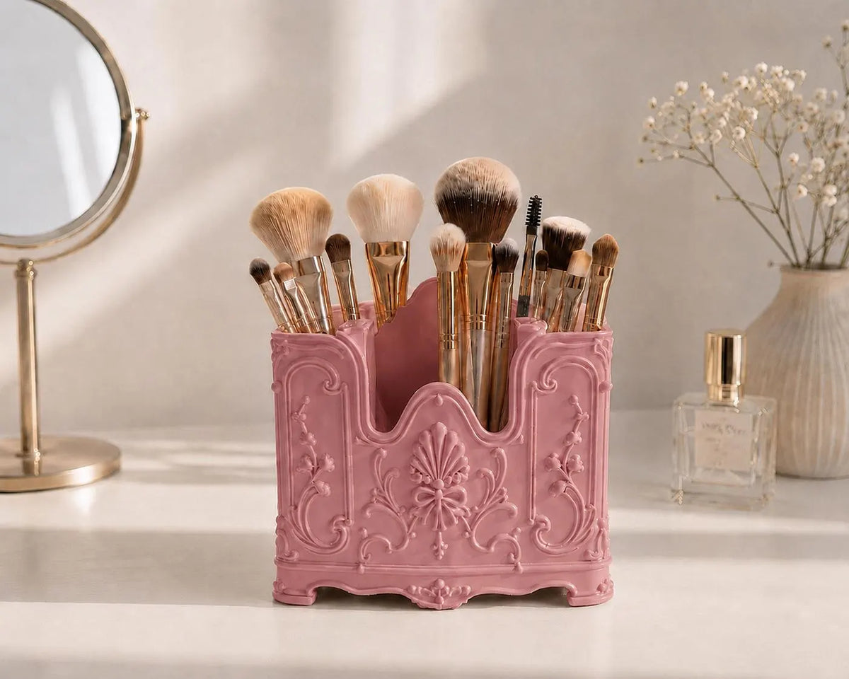 Pink Makeup Brush Holder, Vanity Organizer, Pink Rococo Makeup Brush Storage, French Vintage Vanity Decor, Beauty Desk Organizer, Room Decor