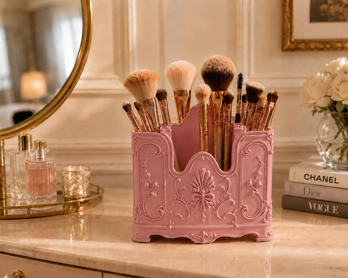 Pink Makeup Brush Holder, Vanity Organizer, Pink Rococo Makeup Brush Storage, French Vintage Vanity Decor, Beauty Desk Organizer, Room Decor