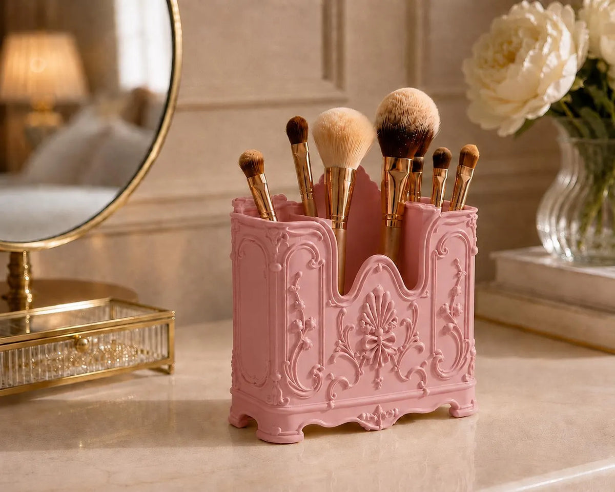 Pink Makeup Brush Holder, Vanity Organizer, Pink Rococo Makeup Brush Storage, French Vintage Vanity Decor, Beauty Desk Organizer, Room Decor