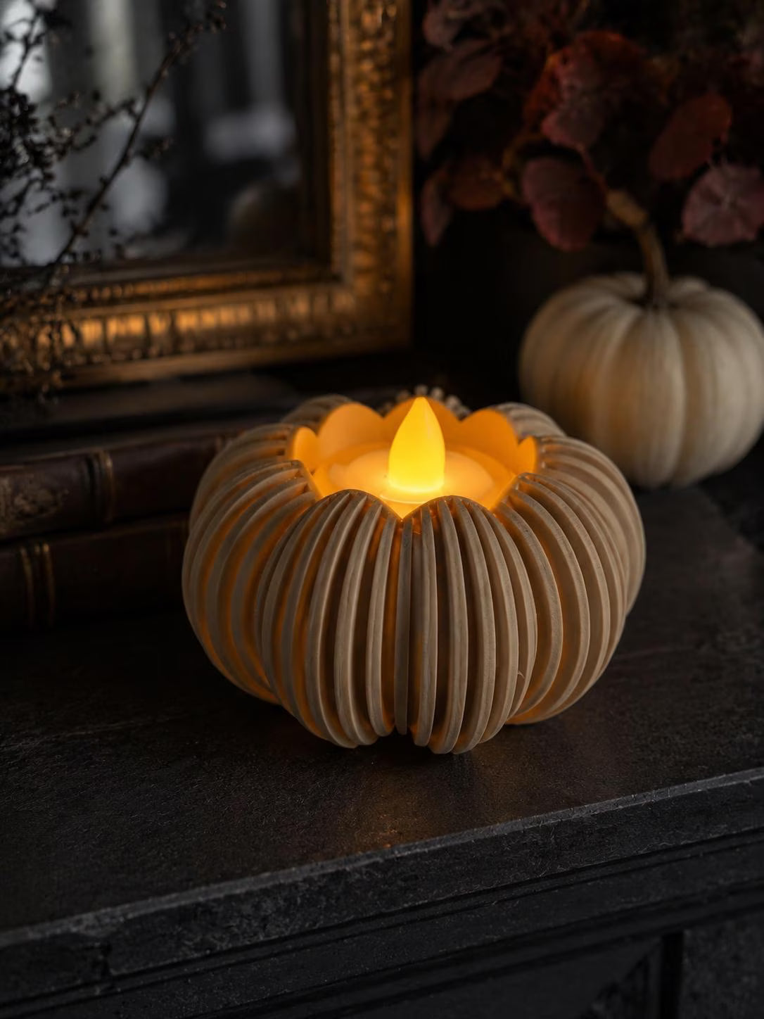 2 Pumpkin Tealight Holder with 2 Included LED Tea Lights Coated Fall Decor Modern Thanksgiving Table Centerpiece Halloween Candle Holder