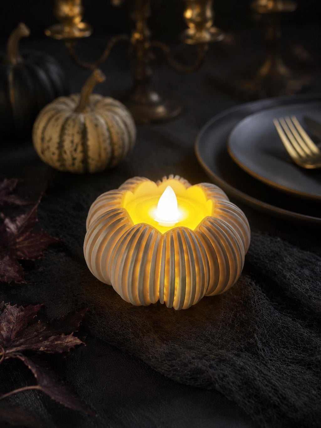 2 Pumpkin Tealight Holder with 2 Included LED Tea Lights Coated Fall Decor Modern Thanksgiving Table Centerpiece Halloween Candle Holder