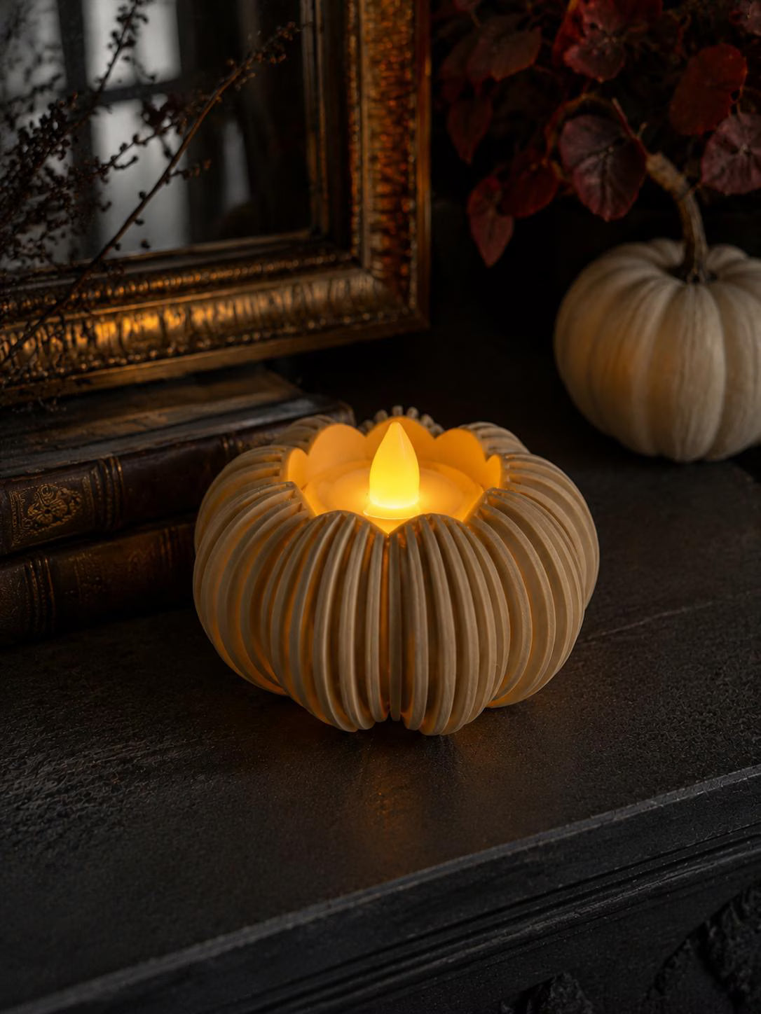 2 Pumpkin Tealight Holder with 2 Included LED Tea Lights Coated Fall Decor Modern Thanksgiving Table Centerpiece Halloween Candle Holder