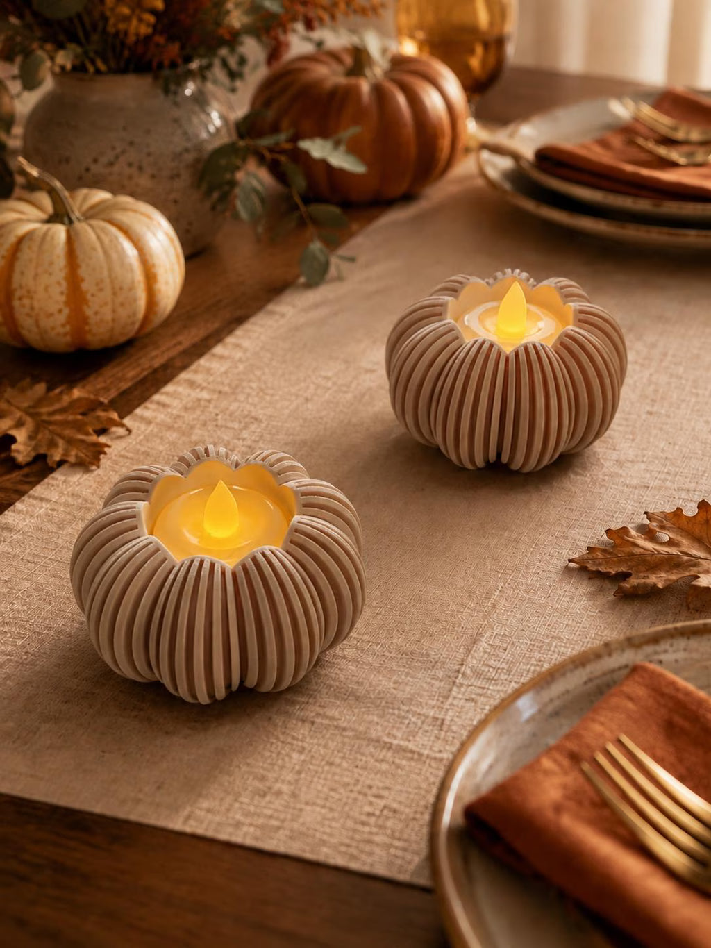 2 Pumpkin Tealight Holder with 2 Included LED Tea Lights Coated Fall Decor Modern Thanksgiving Table Centerpiece Halloween Candle Holder