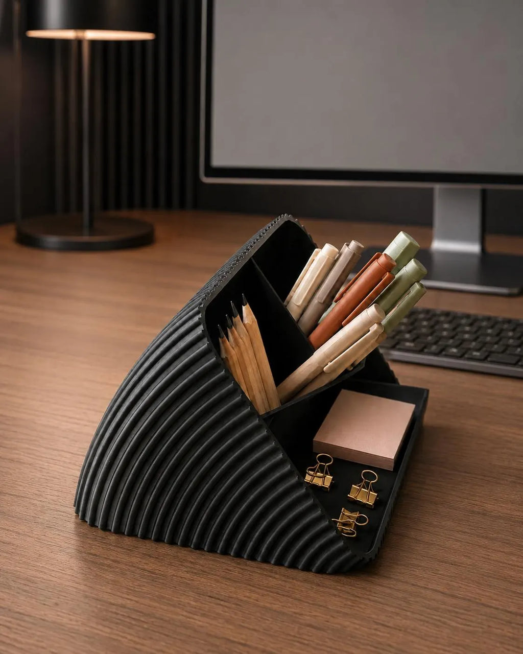 Modern Desk Organizer with Pen Holder, Sticky Note & Paper Clip Tray, 3D Printed Minimalist Office Storage, Home Office Gift