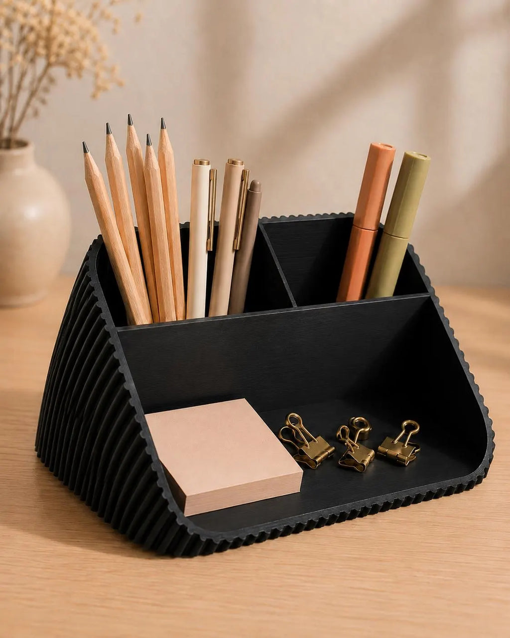 Modern Desk Organizer with Pen Holder, Sticky Note & Paper Clip Tray, 3D Printed Minimalist Office Storage, Home Office Gift