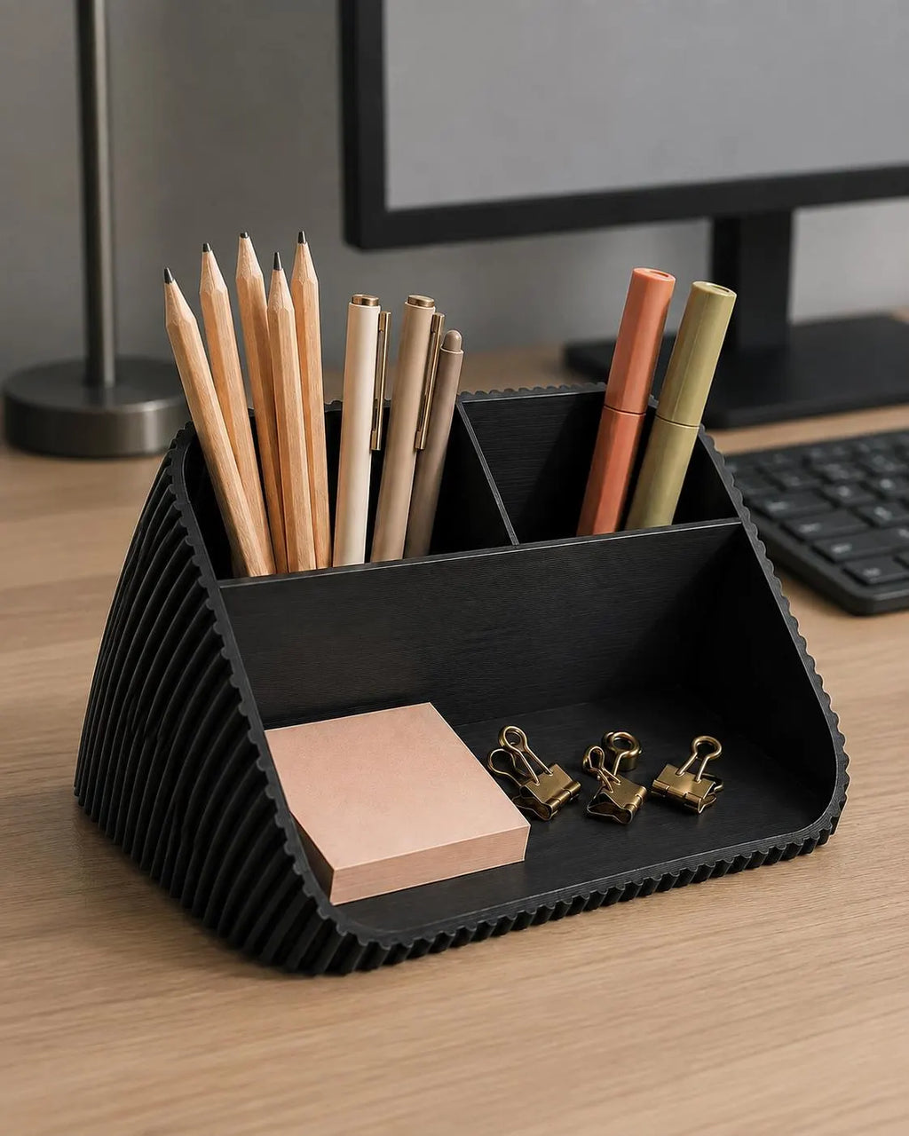 Modern Desk Organizer with Pen Holder, Sticky Note & Paper Clip Tray, 3D Printed Minimalist Office Storage, Home Office Gift