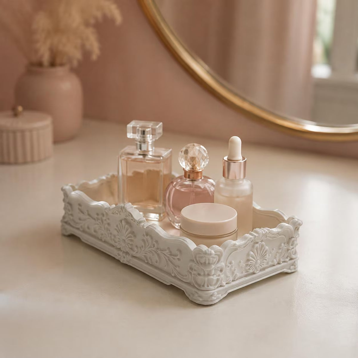 Rococo Vanity Tray, Ornate Perfume & Makeup Organizer, Vintage-Inspired Cosmetic Storage, Bathroom Counter Decor, Beauty Organizer