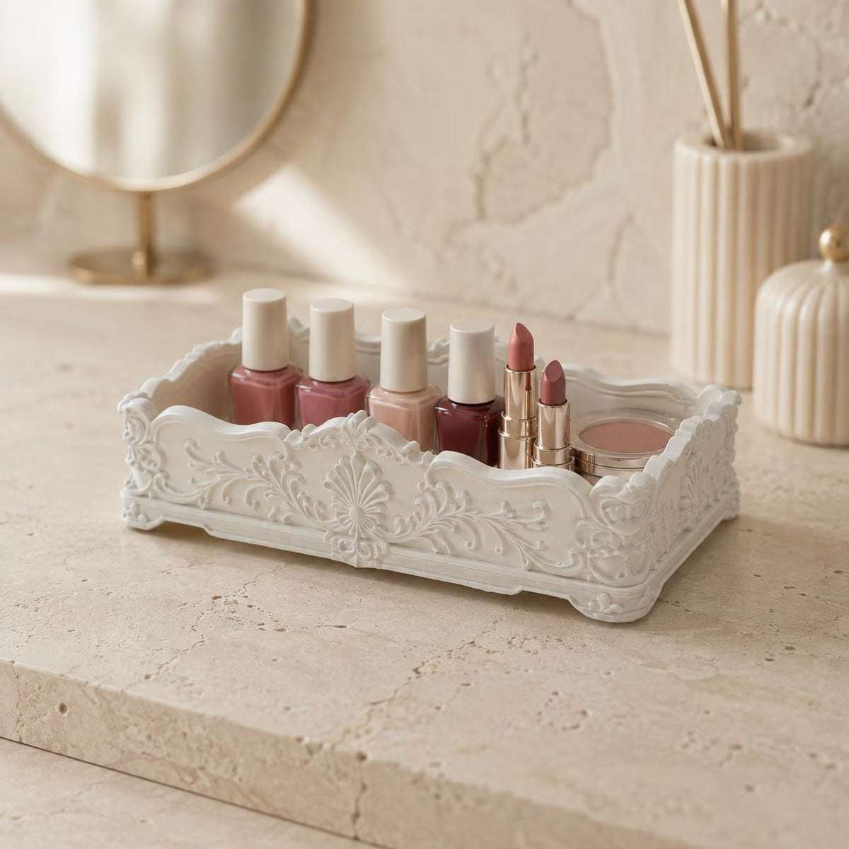 Rococo Vanity Tray, Ornate Perfume & Makeup Organizer, Vintage-Inspired Cosmetic Storage, Bathroom Counter Decor, Beauty Organizer