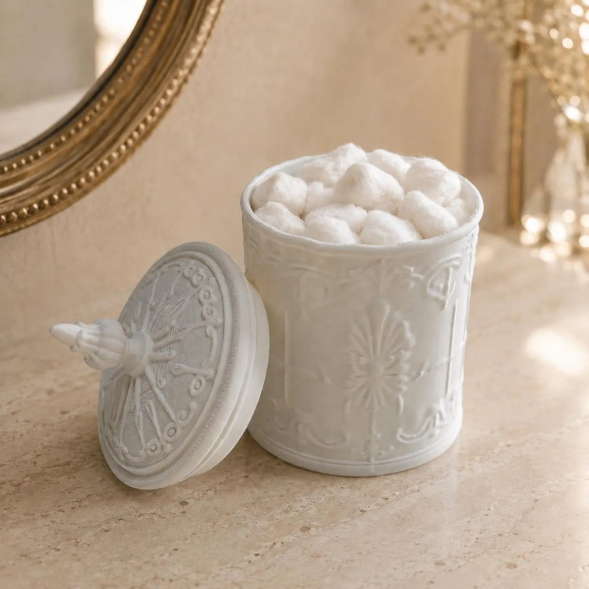 Ornate Cotton Ball Holder with Lid, Vintage Bathroom Vanity Jar, Victorian Cosmetic Storage, Elegant 3D Printed Bathroom Decor, Rococo Decor