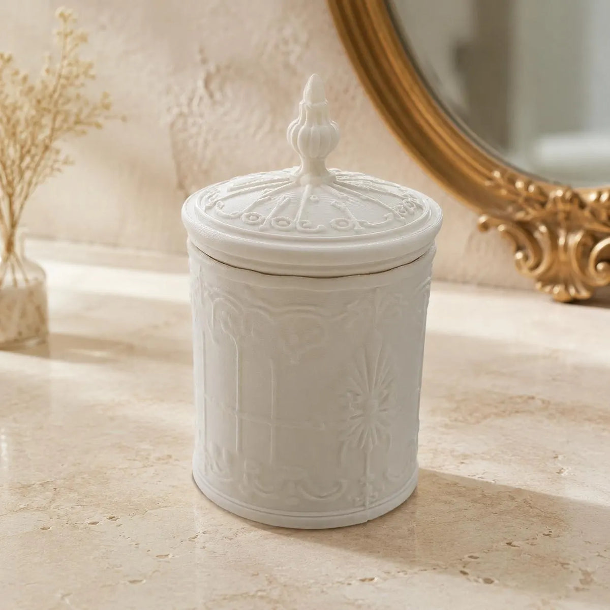 Ornate Cotton Ball Holder with Lid, Vintage Bathroom Vanity Jar, Victorian Cosmetic Storage, Elegant 3D Printed Bathroom Decor, Rococo Decor