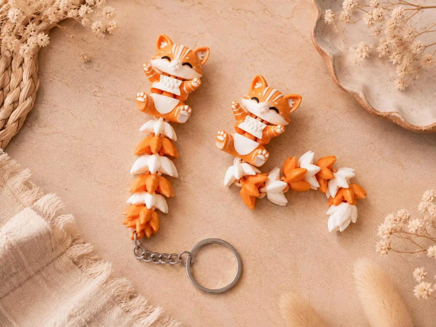 Articulated Cat Keychain, 3D Printed Fidget Keychain, Cute Kawaii Cat Bag Charm, Flexible Cat Key Ring, Gift for Cat Lovers