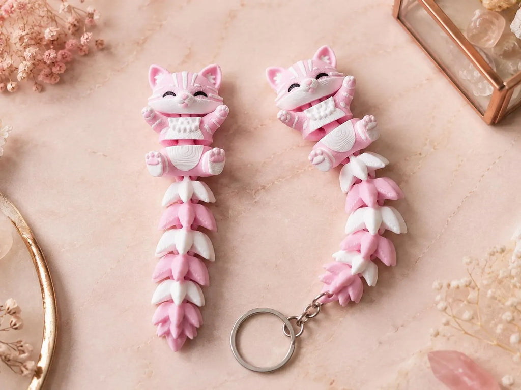 Articulated Cat Keychain, 3D Printed Fidget Keychain, Cute Kawaii Cat Bag Charm, Flexible Cat Key Ring, Gift for Cat Lovers