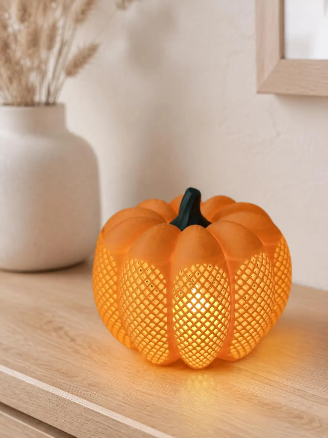 Orange Lattice Pumpkin Lantern, 3D Printed LED Tea Light Holder, Fall and Halloween Decor