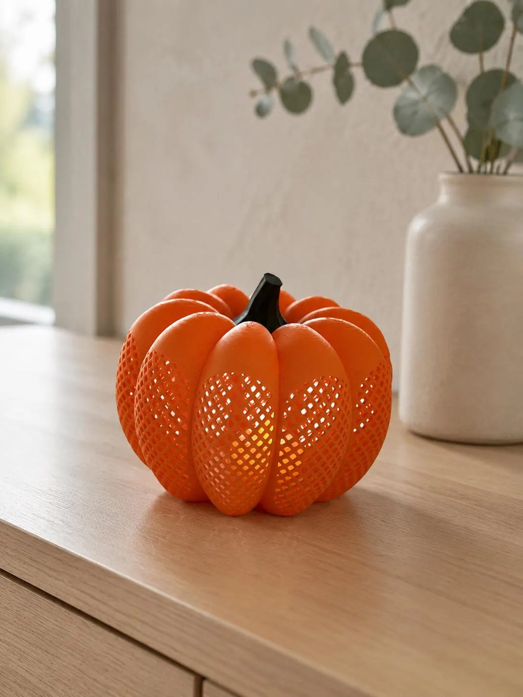 Orange Lattice Pumpkin Lantern, 3D Printed LED Tea Light Holder, Fall and Halloween Decor