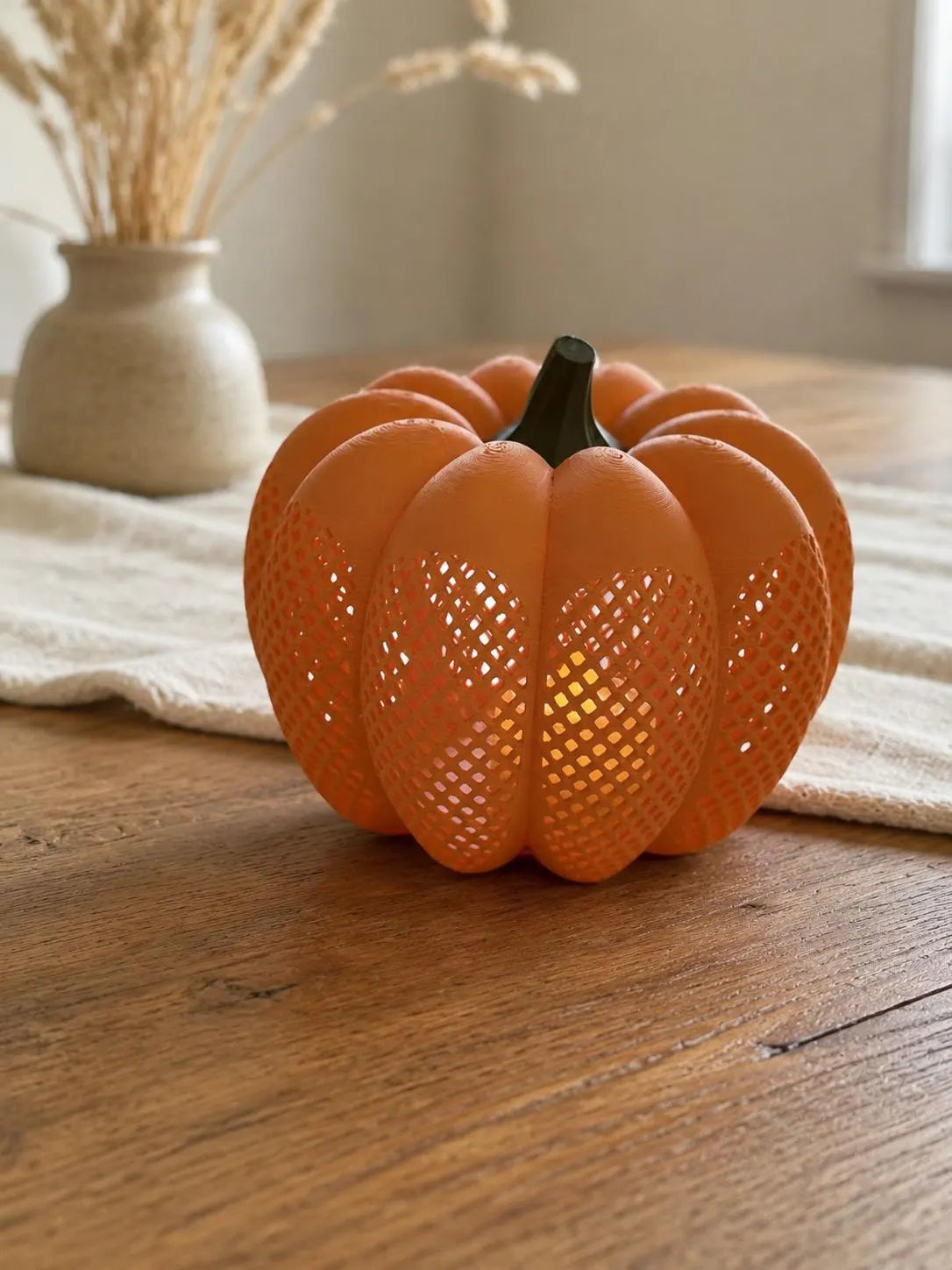 Orange Lattice Pumpkin Lantern, 3D Printed LED Tea Light Holder, Fall and Halloween Decor