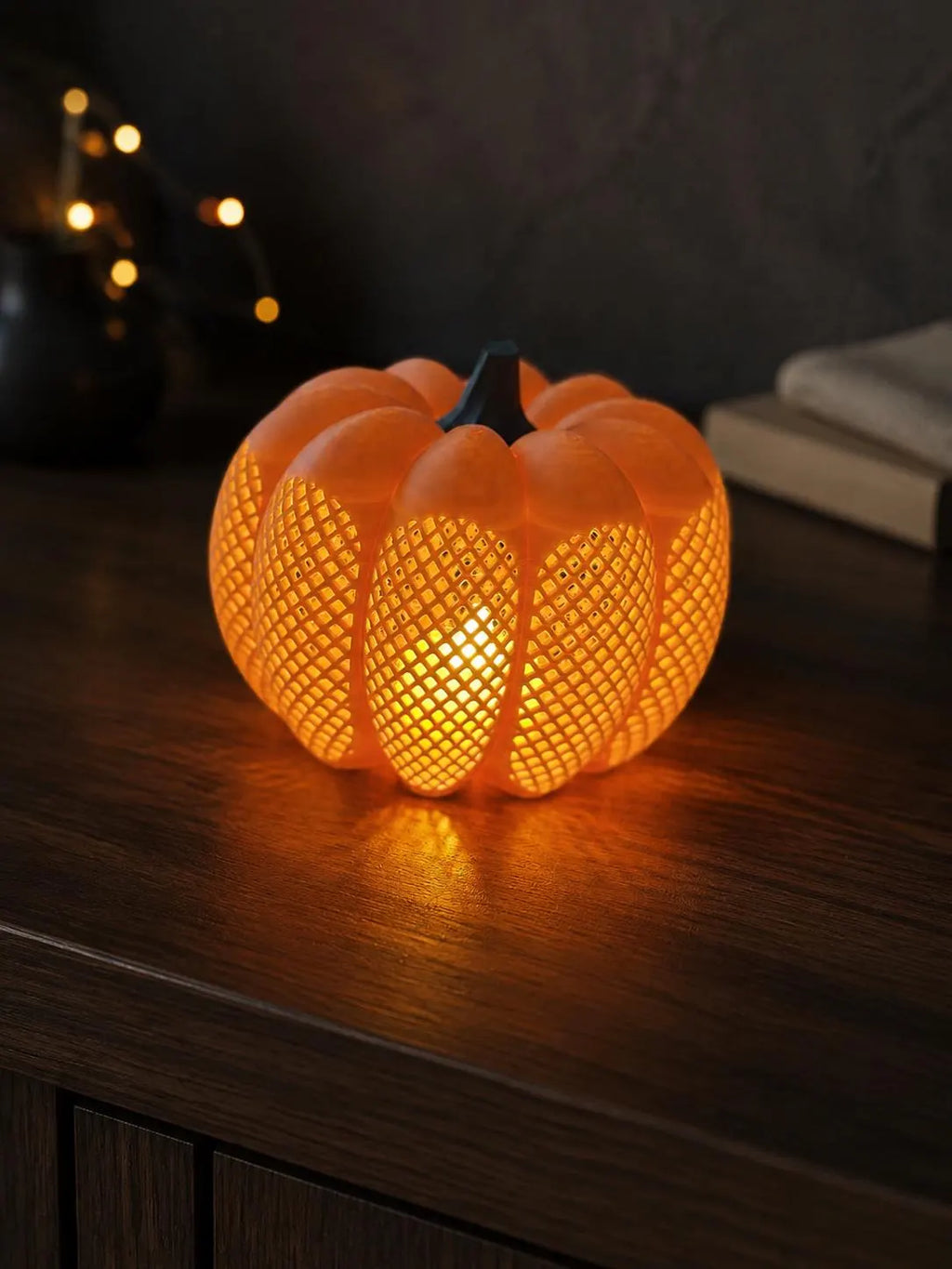 Orange Lattice Pumpkin Lantern, 3D Printed LED Tea Light Holder, Fall and Halloween Decor