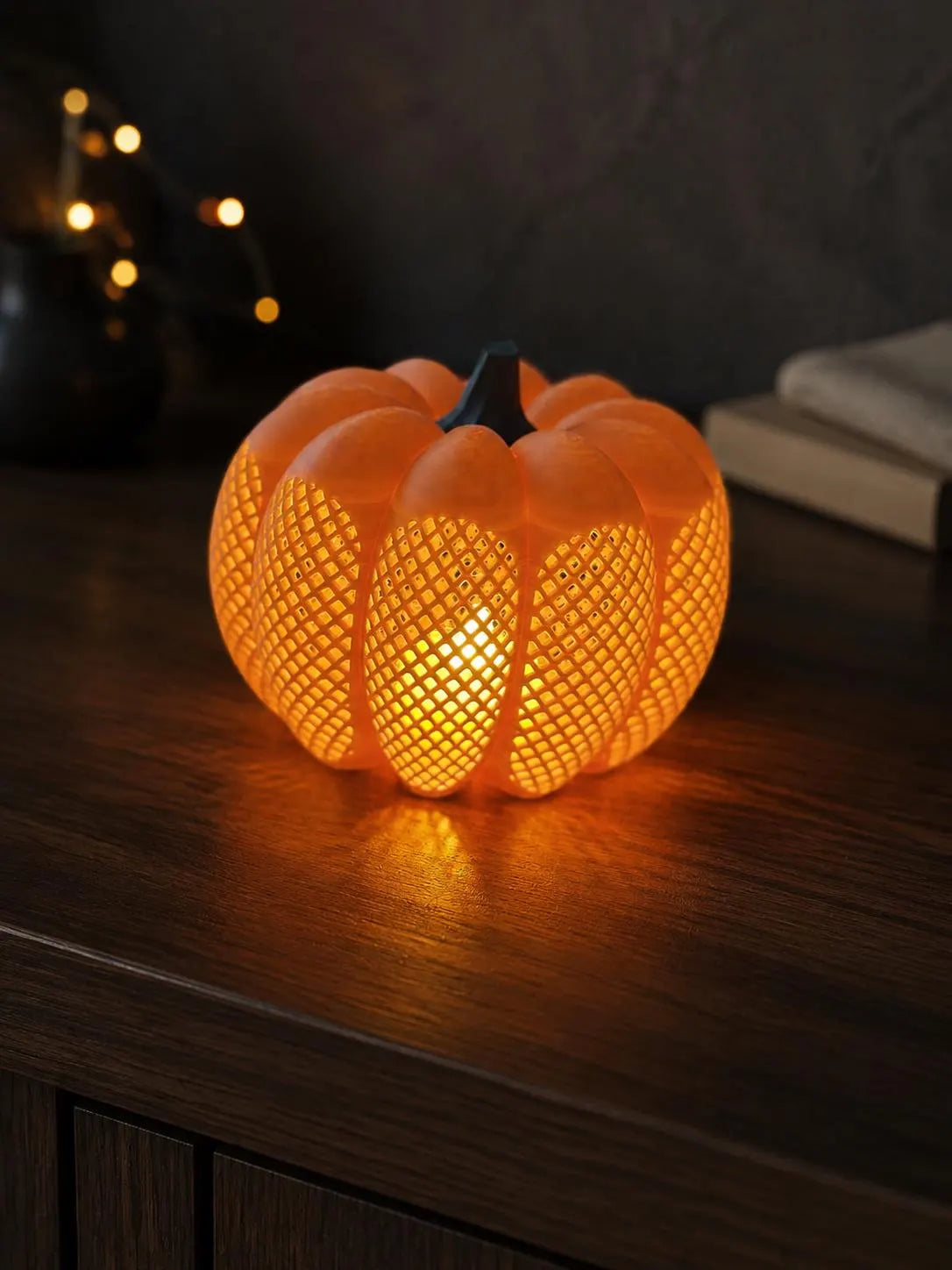 Orange Lattice Pumpkin Lantern, 3D Printed LED Tea Light Holder, Fall and Halloween Decor