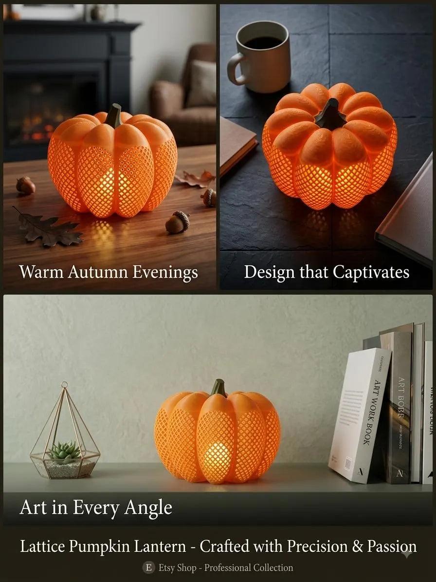 Orange Lattice Pumpkin Lantern, 3D Printed LED Tea Light Holder, Fall and Halloween Decor