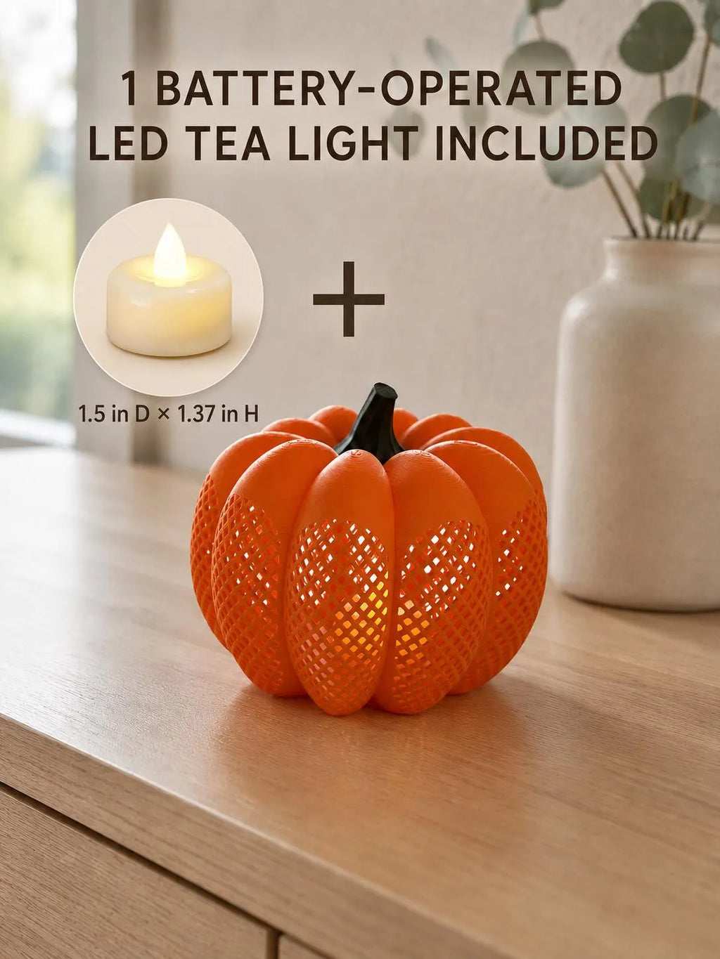 Orange Lattice Pumpkin Lantern, 3D Printed LED Tea Light Holder, Fall and Halloween Decor