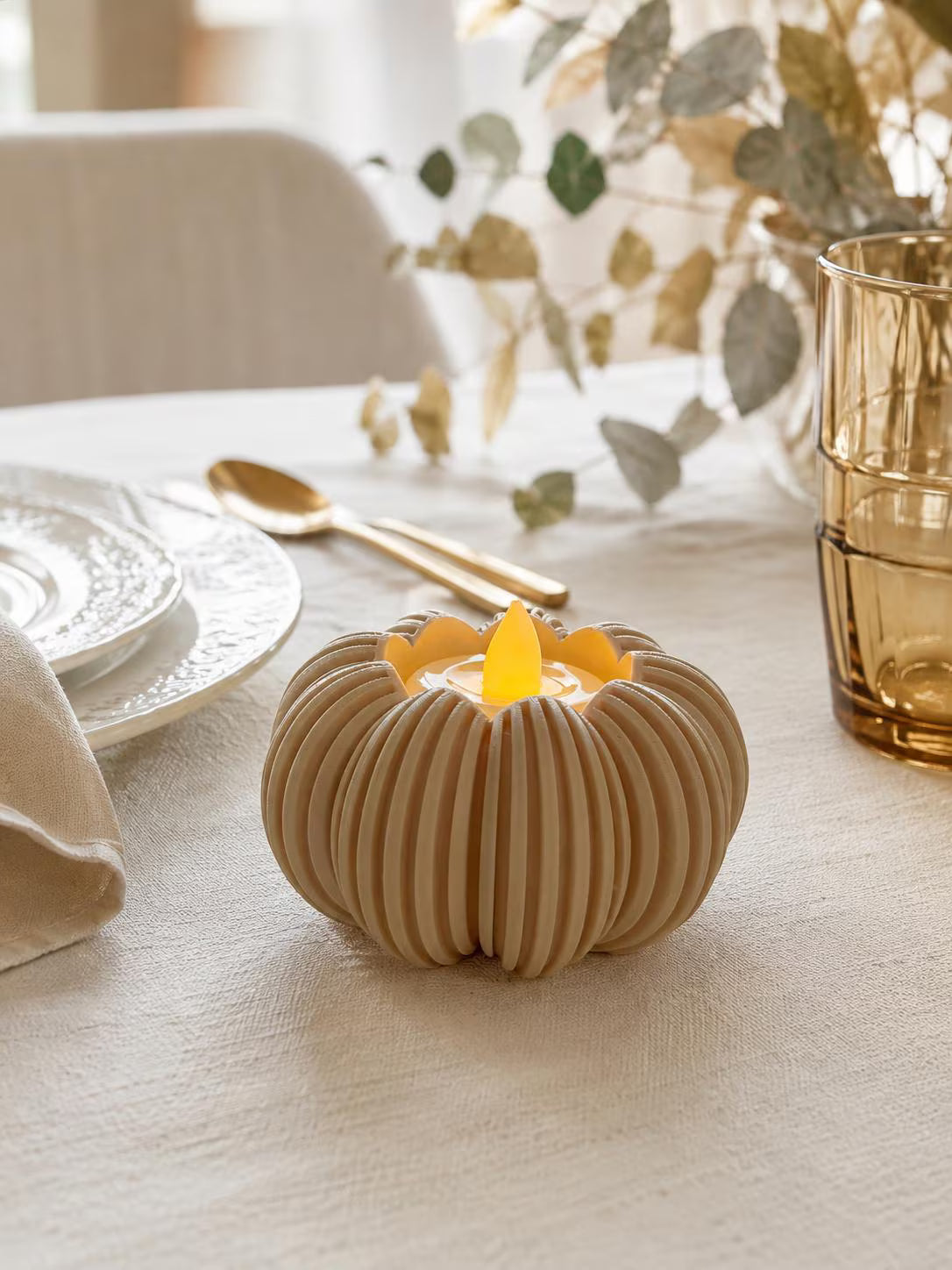 2 Pumpkin Tealight Holder with 2 Included LED Tea Lights Coated Fall Decor Modern Thanksgiving Table Centerpiece Halloween Candle Holder
