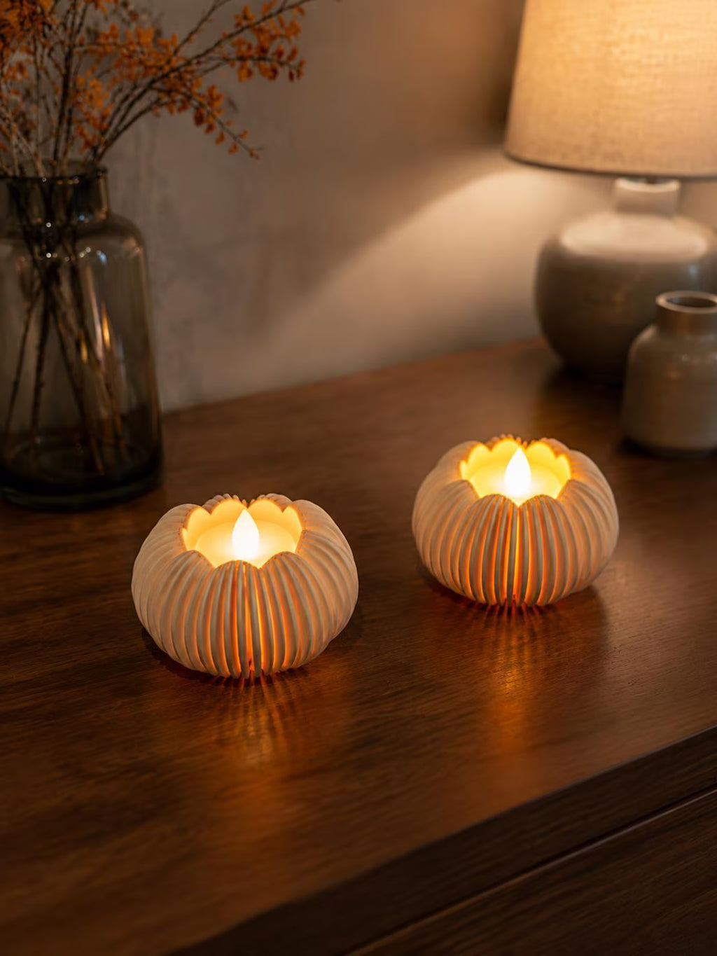 2 Pumpkin Tealight Holder with 2 Included LED Tea Lights Coated Fall Decor Modern Thanksgiving Table Centerpiece Halloween Candle Holder