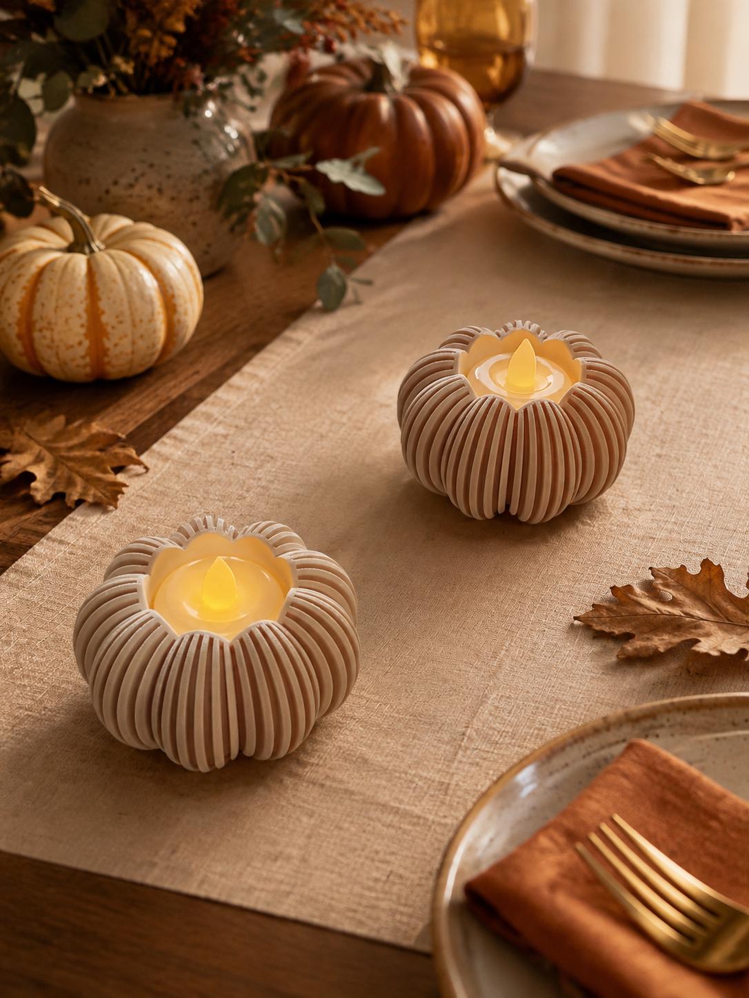 2 Pumpkin Tealight Holder with 2 Included LED Tea Lights Coated Fall Decor Modern Thanksgiving Table Centerpiece Halloween Candle Holder