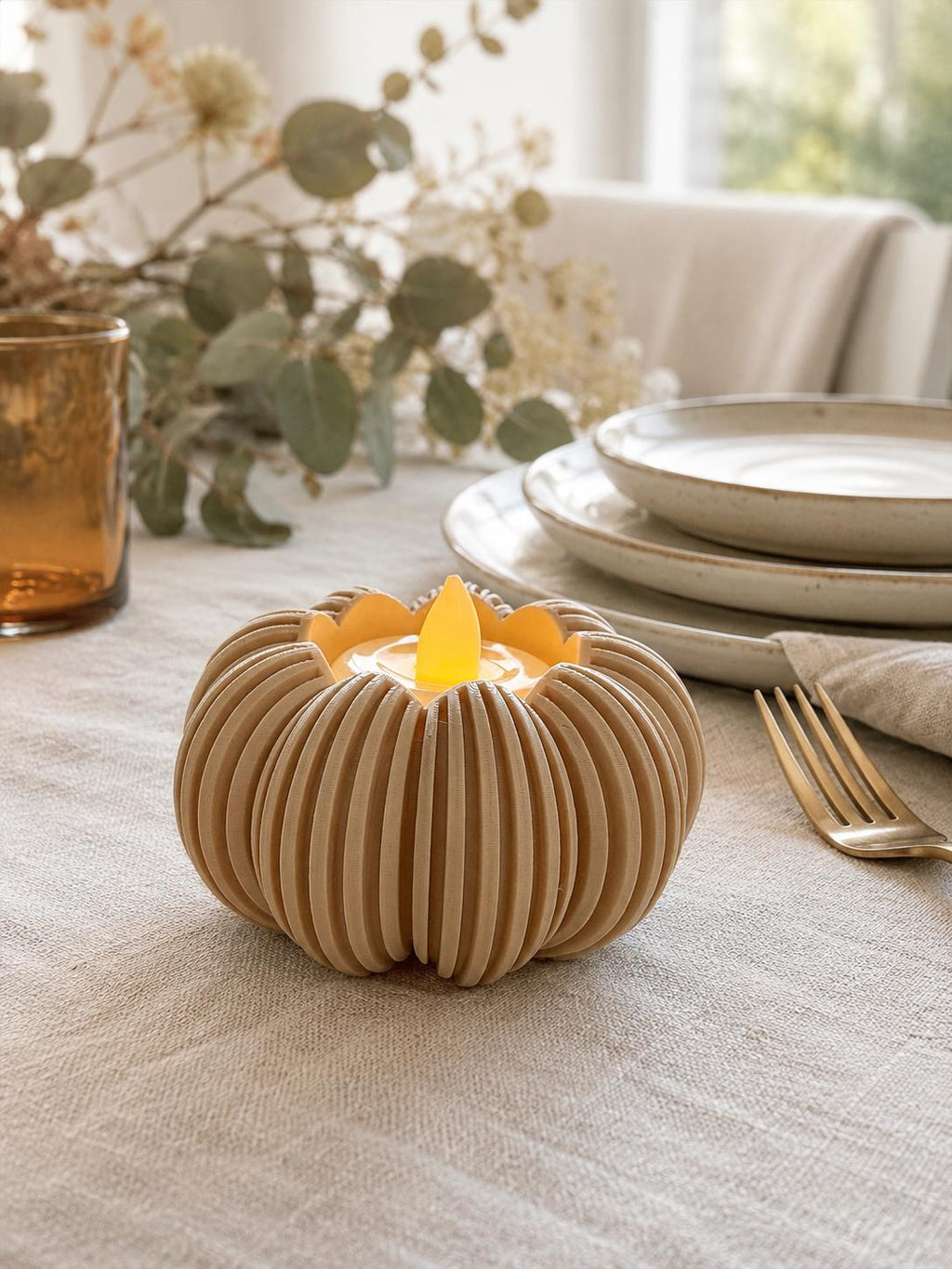 2 Pumpkin Tealight Holder with 2 Included LED Tea Lights Coated Fall Decor Modern Thanksgiving Table Centerpiece Halloween Candle Holder